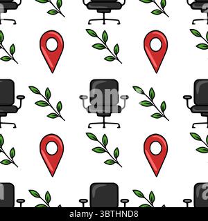 Seamless vector pattern featuring office chairs, location markers, and stylized green leaves, creating a modern and minimalist design ideal for office Stock Vector
