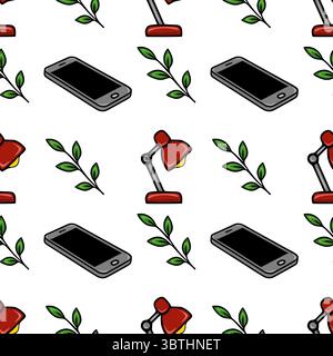Seamless vector pattern of smartphones, red table lamps, and green leaves, creating a minimalist and modern office design. Stock Vector