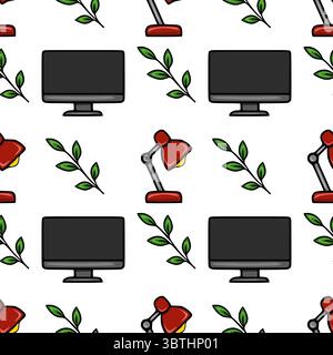 Seamless vector pattern featuring stylized computer monitors, red desk lamps, and green leaves, creating a minimalist office workspace design. Stock Vector