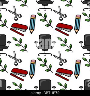 Seamless vector pattern of office supplies and green leaves, featuring a stapler, pencil, scissors, and office chair, perfect for backgrounds and stat Stock Vector