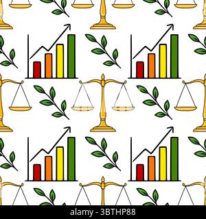 Seamless vector pattern featuring golden scales of justice, upward trending bar graph, and green leaves, symbolizing balanced growth and sustainable p Stock Vector