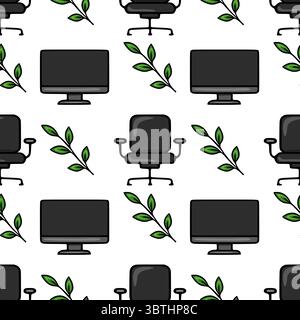 Seamless vector pattern of office chairs, computer monitors, and green leaves, creating a minimalist and modern design for various applications. Stock Vector