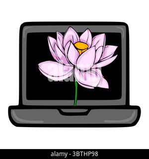 Vector illustration of a pink lotus flower displayed on a laptop screen, symbolizing the serene blend of nature and technology. Stock Vector