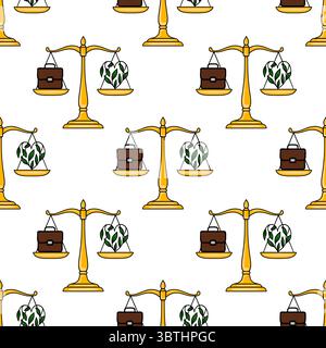 Seamless vector pattern of golden scales balancing briefcase and heart-shaped plant, symbolizing work-life balance concept in a minimalist style. Stock Vector