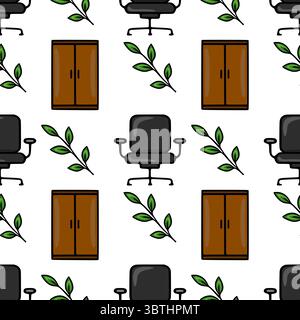 Seamless vector pattern of office chairs, wooden cabinets, and green leaves, creating a minimalist and fresh office environment illustration. Stock Vector