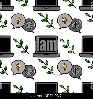 Seamless vector pattern featuring laptops, brain and lightbulb speech bubbles, and green leaves, representing creative ideas and technology. Stock Vector