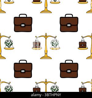 Seamless vector pattern featuring golden scales of justice balancing a briefcase and a heart-shaped plant, symbolizing the work-life balance concept. Stock Vector