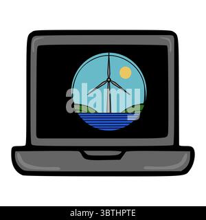 Vector illustration of a laptop screen displaying a stylized wind turbine icon set against a serene lakeside landscape, symbolizing clean energy and t Stock Vector