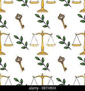 Seamless vector pattern with golden scales of justice, antique keys, and green leaves, ideal for legal or justice-themed designs. Stock Vector