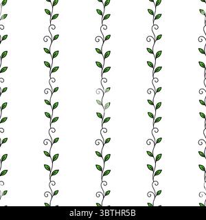Seamless vector pattern with vertical lines of stylized green leaves and swirls, creating a simple yet elegant botanical design perfect for background Stock Vector