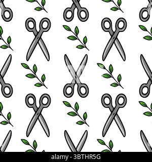 Seamless vector pattern of grey scissors and green leaves, a playful design for crafting or gardening projects. Stock Vector