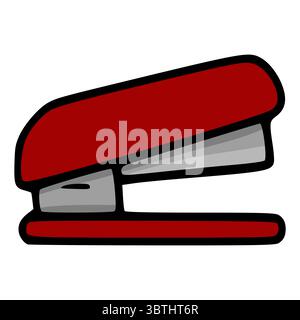 A vector illustration of a maroon stapler with thick black outlines and grey metallic details, presented in a simplified cartoon style. Stock Vector