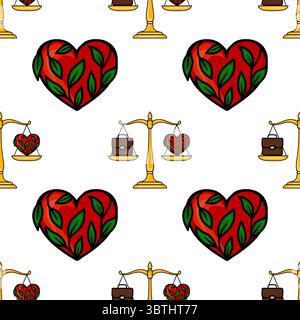 Seamless vector pattern featuring stylized golden scales balancing a briefcase and a heart entwined with green leaves, symbolizing the work-life balan Stock Vector