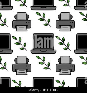 Seamless vector pattern of laptops, printers, and green leaves, ideal for office-themed designs and eco-friendly branding. Stock Vector