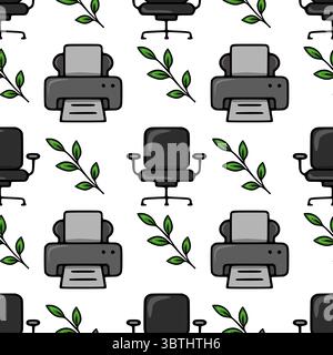 Seamless vector pattern of office chairs, printers, and green leaves, creating a stylish and modern office design. Stock Vector