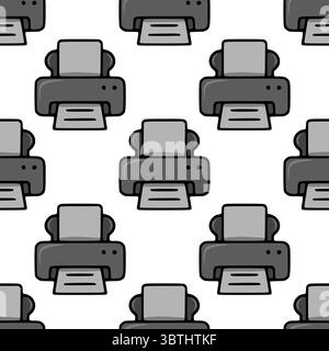 Seamless vector pattern of stylized grey printers, ideal for office-themed designs, featuring a playful cartoonish style and repeating print motif. Stock Vector