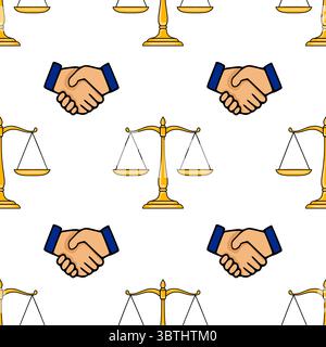 Seamless vector pattern featuring golden scales of justice and a handshake, symbolizing legal agreements and partnerships. Stock Vector