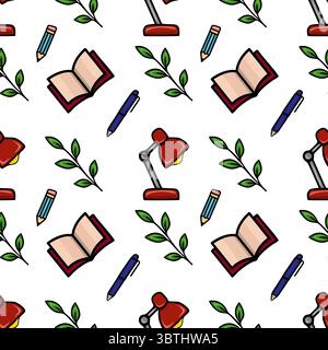 Seamless vector pattern featuring a whimsical arrangement of open books, red desk lamps, blue pens, pencils, and green leaves, creating a playful and Stock Vector