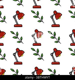 Seamless vector pattern of red desk lamps and green leaves, a cheerful and simple design perfect for stationery or office-themed projects. Stock Vector
