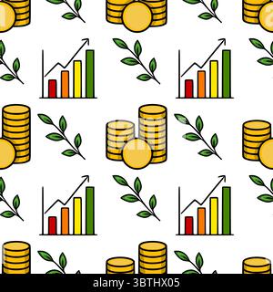 Seamless vector pattern with stacks of gold coins, growing bar chart, and green leaves, illustrating financial growth and prosperity. Stock Vector