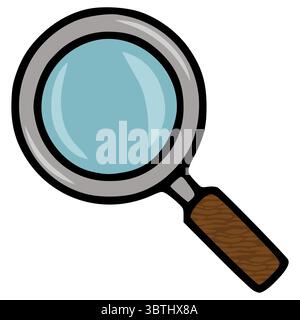 A vector illustration of a magnifying glass with a detailed wooden handle and a light blue lens, showcasing a cartoonish style and vibrant colors. Stock Vector