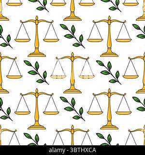 Seamless vector pattern of golden scales of justice and green leaves, symbolizing law, balance, and natures harmony. Stock Vector
