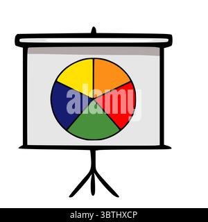 Hand-drawn vector illustration of a projector screen displaying a vibrant five-segment pie chart with bold colors, perfect for presentations or infogr Stock Vector