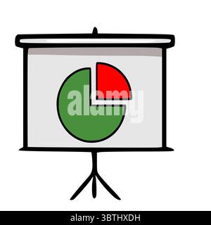 Hand-drawn vector illustration of a presentation screen displaying a simple pie chart with red and green segments, showcasing a minimalist design styl Stock Vector