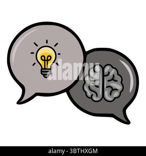 Vector illustration of two interconnected speech bubbles, one featuring a glowing lightbulb symbolizing idea generation and the other depicting a brai Stock Vector
