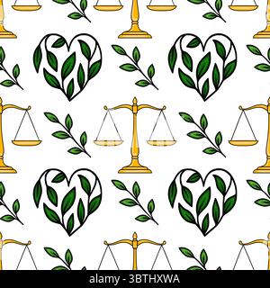 Seamless vector pattern featuring golden scales of justice and heart-shaped green foliage, symbolizing balance and natures harmony. Stock Vector