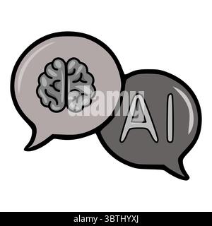 Vector illustration of two speech bubbles, one depicting a brain and the other displaying AI, symbolizing the connection between human intelligence an Stock Vector