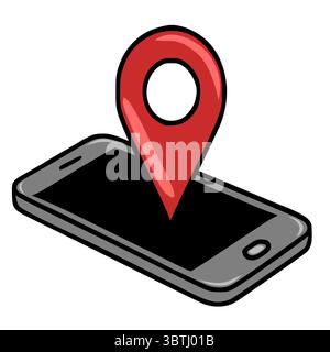 A vector illustration of a smartphone with a red location pin on the screen, showcasing a modern, cartoonish style with bold outlines and a simple col Stock Vector