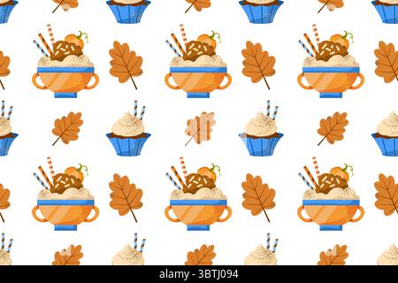 Autumn desserts flat seamless pattern. Pumpkin spice latte and cupcakes vector texture. Cappuccino, cake and leaves backdrop. Fall season food Stock Vector