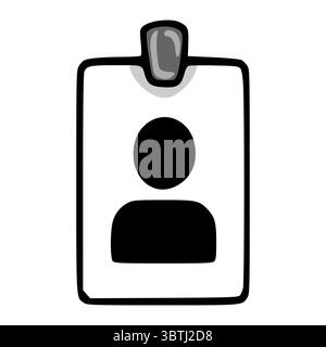 Simple vector illustration of a monochrome ID card with a minimalistic person icon, featuring a hand-drawn style and a dark grey clip. Stock Vector