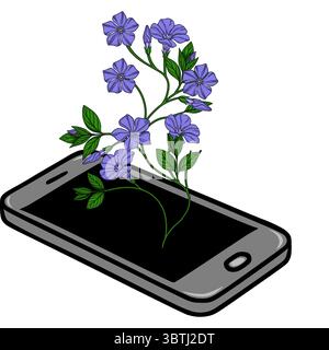 A vector illustration of a smartphone with a delicate sprig of periwinkle flowers emerging from its screen, symbolizing the fusion of nature and techn Stock Vector