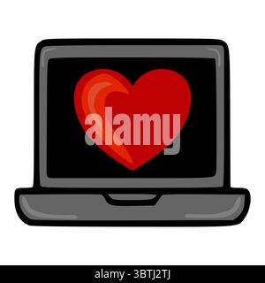 A playful vector illustration of a laptop displaying a large, stylized red heart, suggesting online love or digital affection. Stock Vector