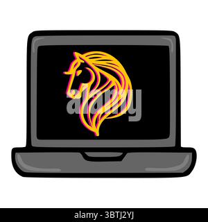A vector illustration of a stylized horse head displayed on a laptop screen, showcasing a bold graphic design with vibrant yellow and magenta accents Stock Vector