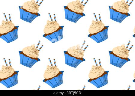 Autumn desserts flat seamless pattern. Pumpkin spice latte and cupcakes vector texture. Cappuccino, cake and leaves backdrop. Fall season food Stock Vector