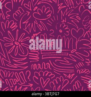 Pink Floral Scribbles and Doodles Lines on Burgundy Background Seamless Pattern. Vibrant backdrop of expressive pink doodles with flowers, hearts, and Stock Vector