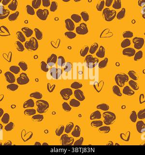 Playful Paw Prints and Hearts on Orange Background. Cute seamless animal paw prints and sketched hearts. Great for fashion, packaging, cards, web Stock Vector