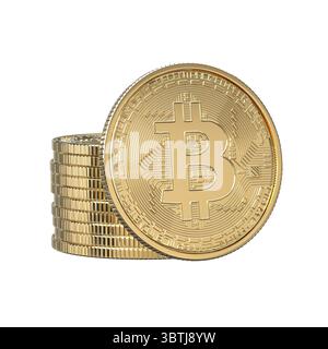 Gold bitcoin cryptocurrency coins transparent background 3d Stock Photo
