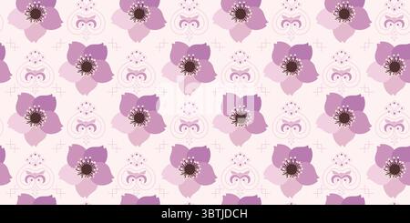 Elegant Seamless Floral Chinese Pattern with Violet Flowers and Geometric Background Motifs. Ideal for fabric, packaging, web, cards, illustrations Stock Vector