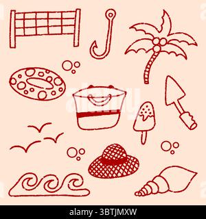 Hand drawn summer beach icons set featuring seashell, waves, and cute holiday doodle illustrations for tropical designs Stock Vector