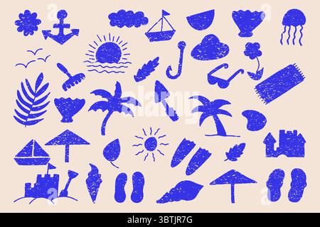 Summer Beach Silhouette Icons, Flat Vector Vacation Doodles, Travel and Relaxation Symbol Collection for Holiday Designs Stock Vector