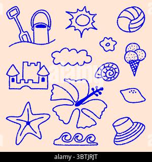 Cute Summer Holiday Doodle Elements with Tropical Island Vibes and Hand Drawn Seaside Illustrations Stock Vector