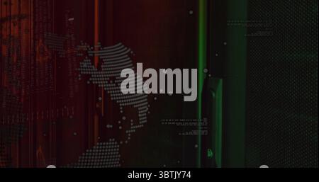 Streaming numeric code lines cascading over red gradient in data center, with dotted world map Stock Photo