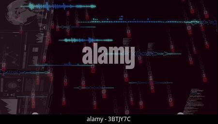 Abstract interface streaming waveforms and binary digits in digital workspace, with wireframe globe Stock Photo