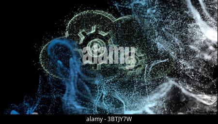 Forming stylized cloud shape glowing in virtual environment, with gear icons and head silhouette Stock Photo