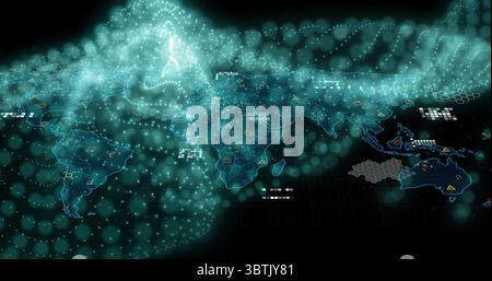 Displaying neon blue world map on dark grid interface, showing cyan nodes, luminous cloud, symbols Stock Photo