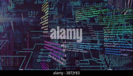Floating 3D code blocks and neon circuit traces drifting in cyberspace, with glowing data streams Stock Photo